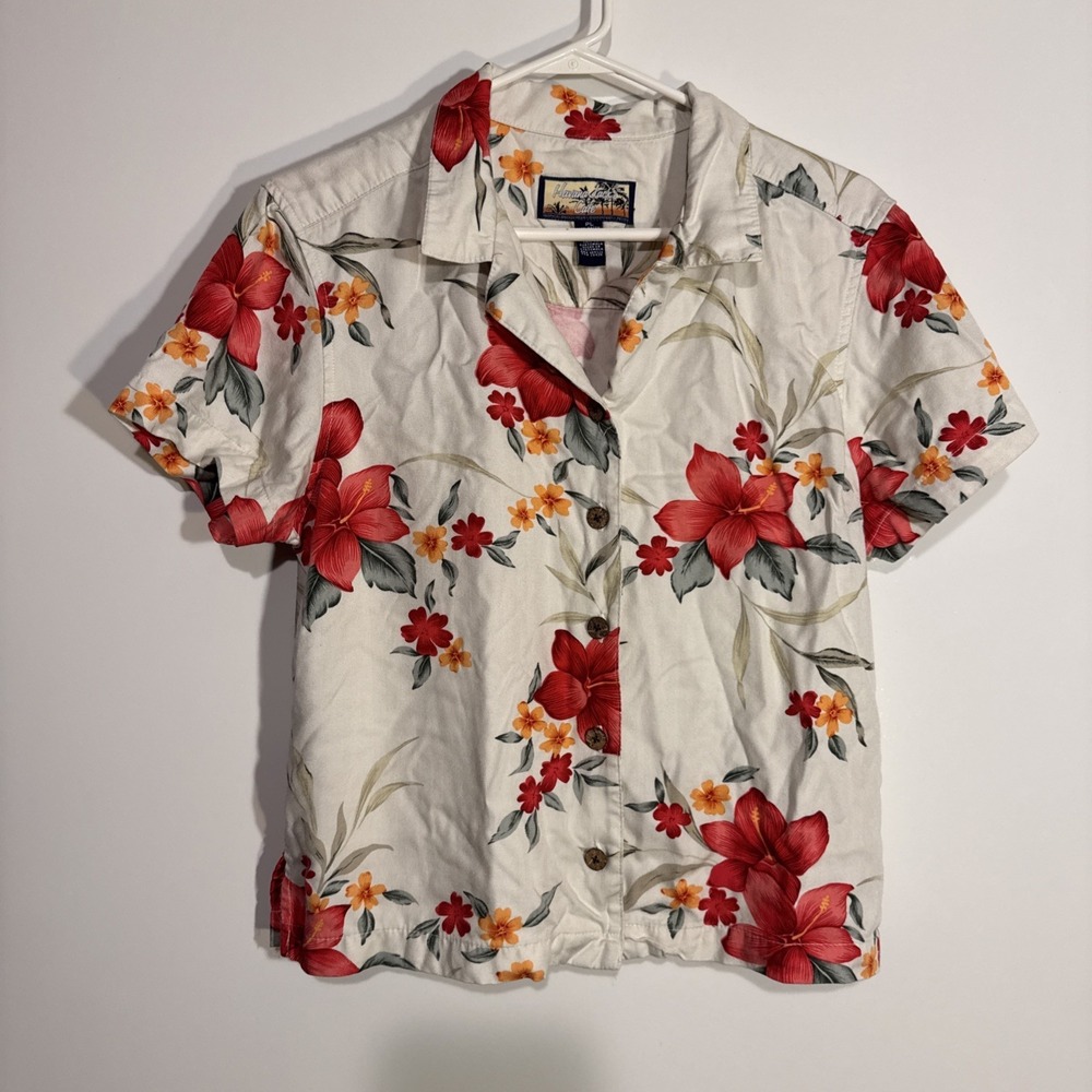 Vintage‎ Womens  Havana Jacks Cafe Hibiscus AOP Short Sleeve Wooden Petite Large